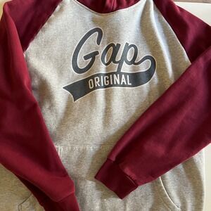 Gap Original Pullover Hoodie XL Grey Burgundy Raglan Graphic Logo Fleece y2k